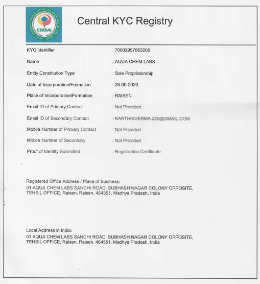 Aqua Chem Labs documentation and certification document 2