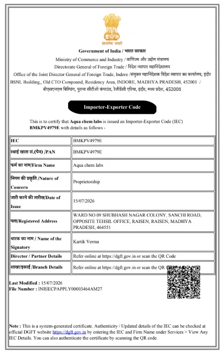 Aqua Chem Labs documentation and certification document 3