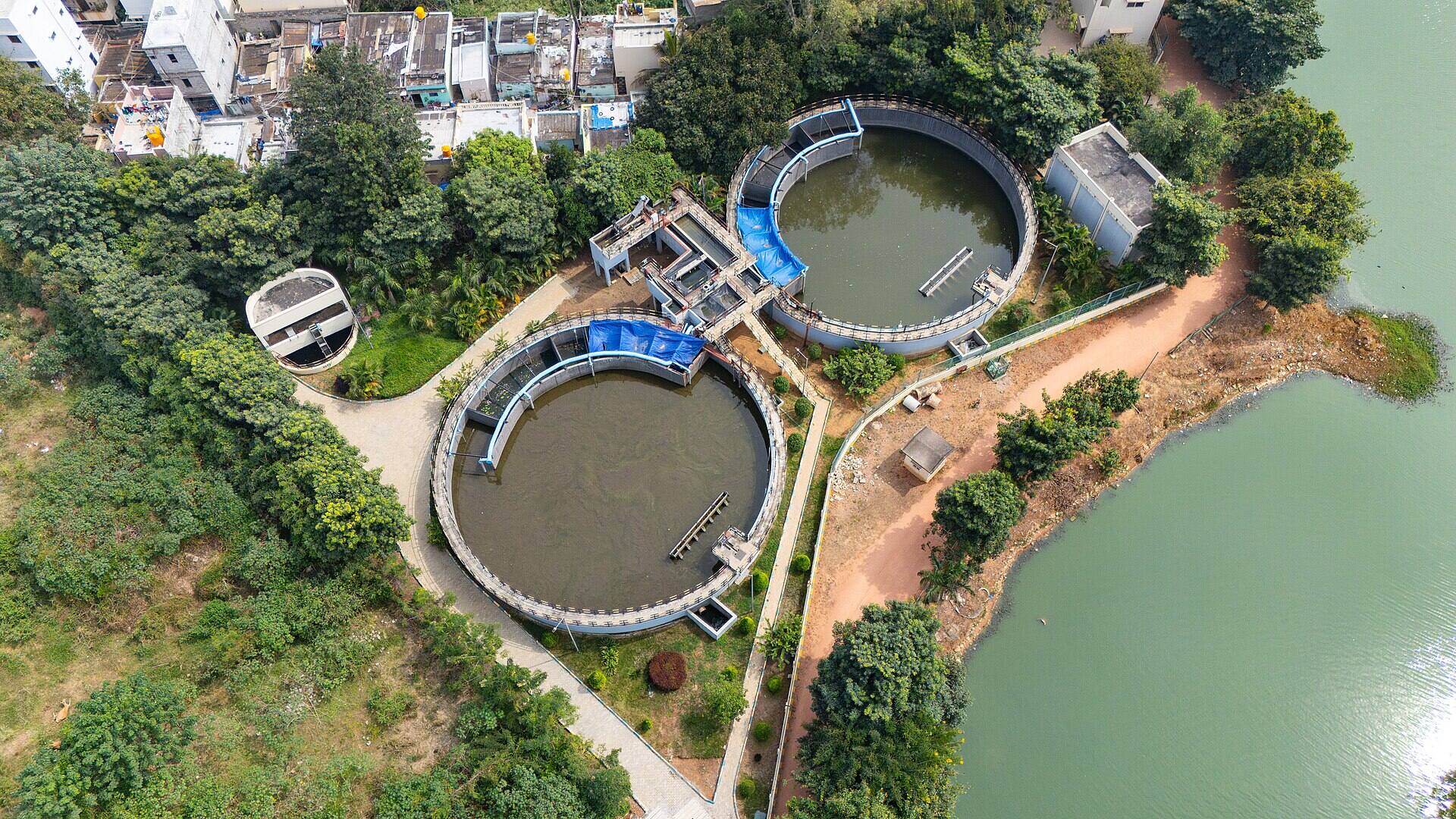 Aerial view of a sewage treatment plant in Bengaluru