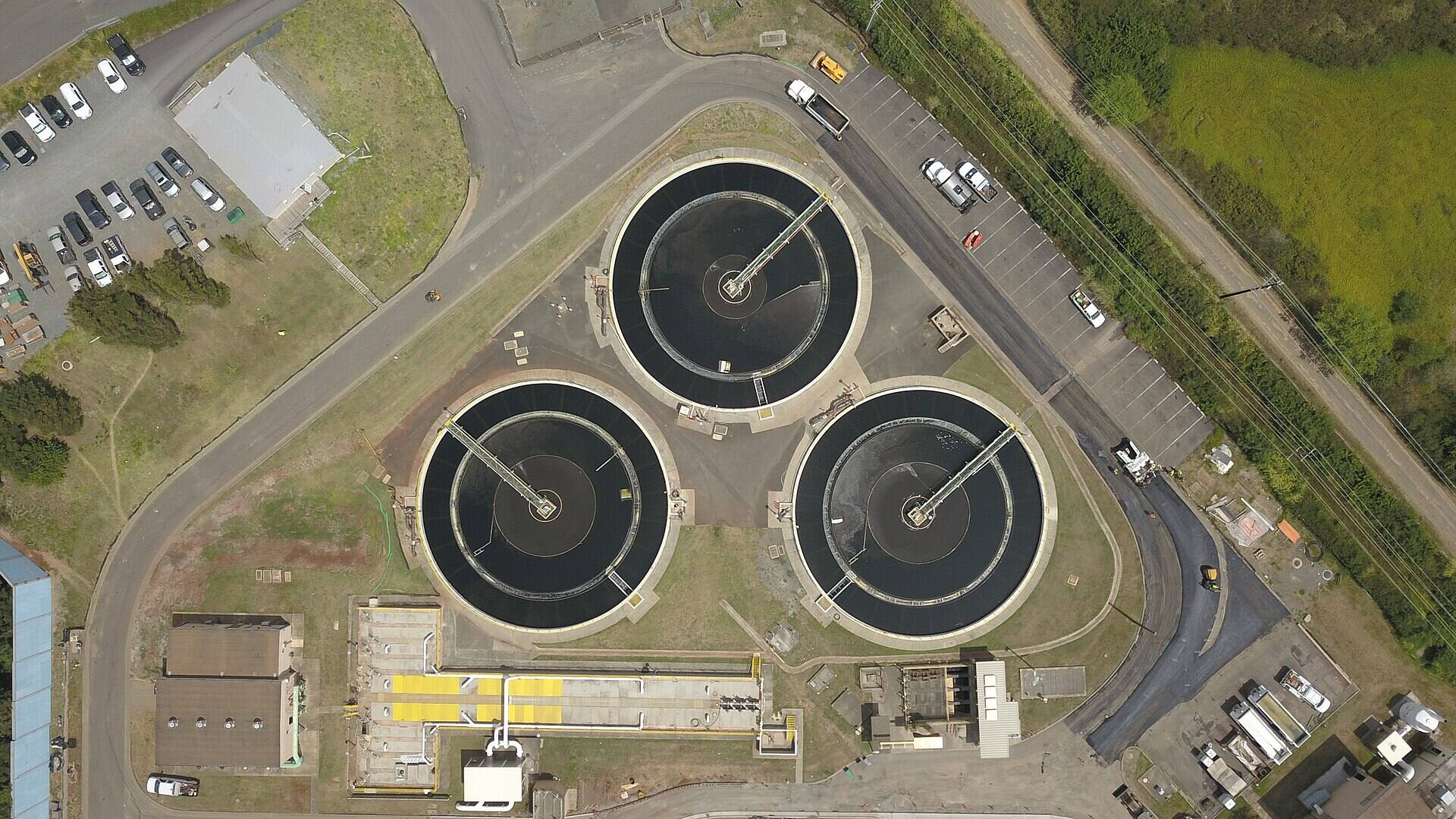 Aerial view of sewage treatment plant clarifiers
