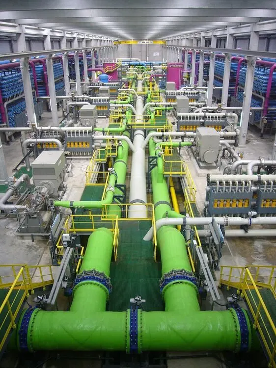 Industrial reverse osmosis plant skid with pumps, pipes and membrane housings